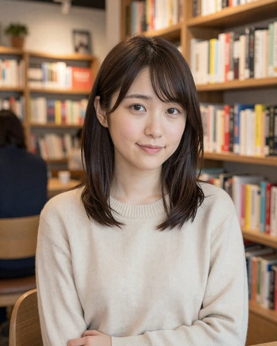 Emi, 26, Japanese woman at cozy bookshelf cafe in Tokyo Japan