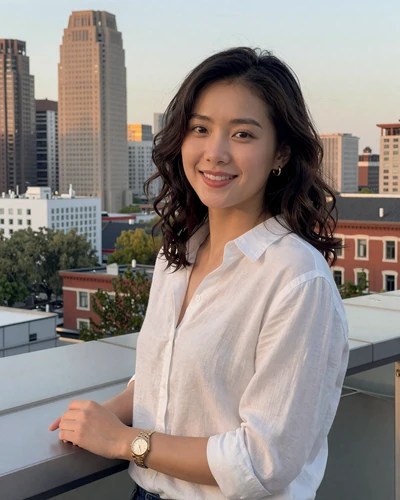 Xin, 29, Chinese woman on Beijing rooftop terrace at golden hour