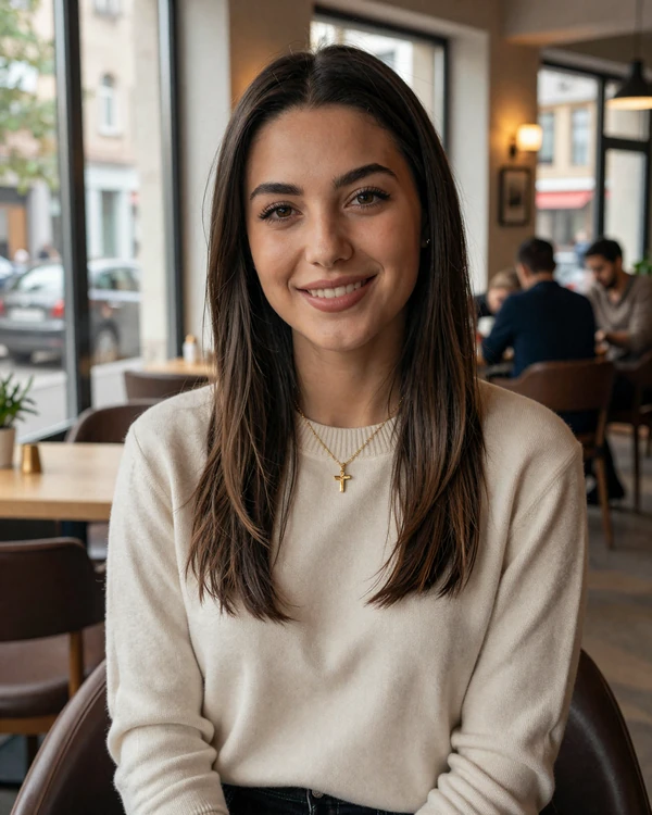 Young Armenian woman in cream sweater smiling in a modern Yerevan cafe, representing educated Armenian singles open to international dating