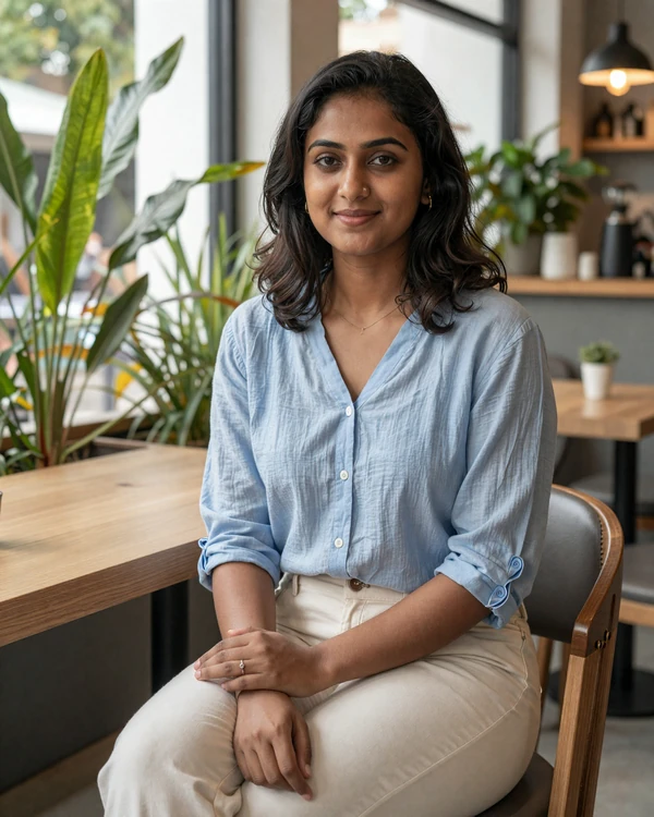 Young Sri Lankan woman in casual modern outfit smiling warmly in a Colombo cafe, representing educated Sri Lankan singles open to international dating