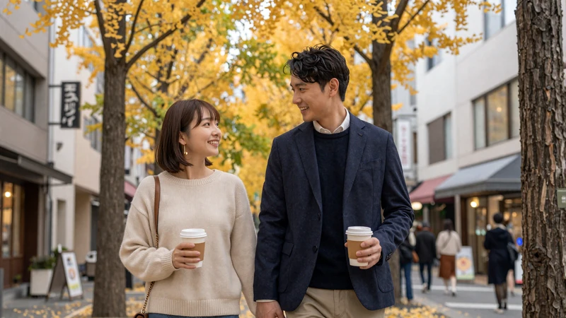Couple enjoying autumn walk in Tokyo reflecting East Asian dating culture