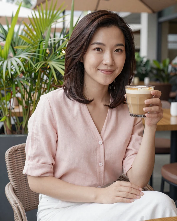 Young Singaporean woman smiling at an outdoor cafe in Singapore, representing educated Singaporean singles open to international dating
