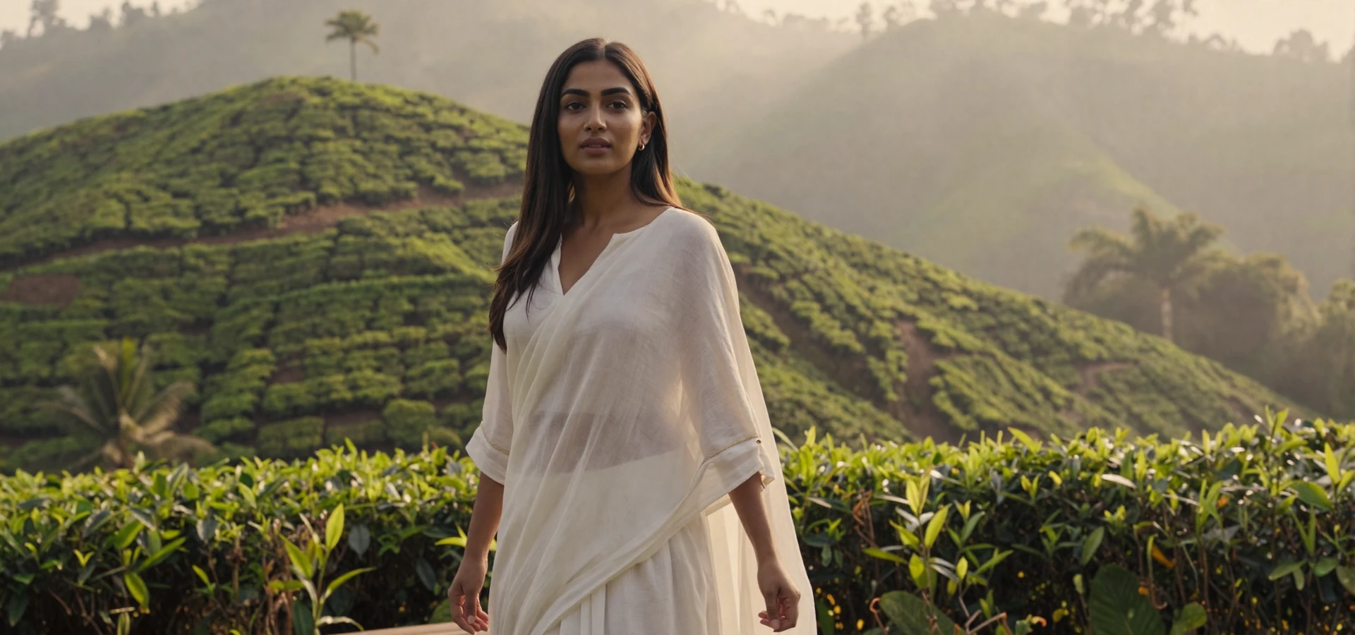 Beautiful Sri Lankan woman in elegant white dress on a tropical terrace overlooking tea plantations, representing verified Sri Lankan singles on a dating site