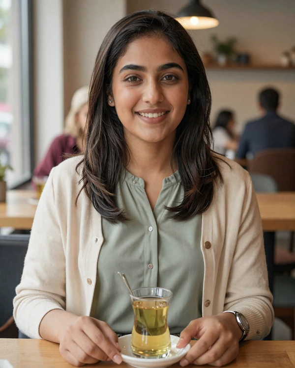 Young Afghan woman in modern casual outfit smiling warmly in a cafe, representing educated Afghan singles open to international dating