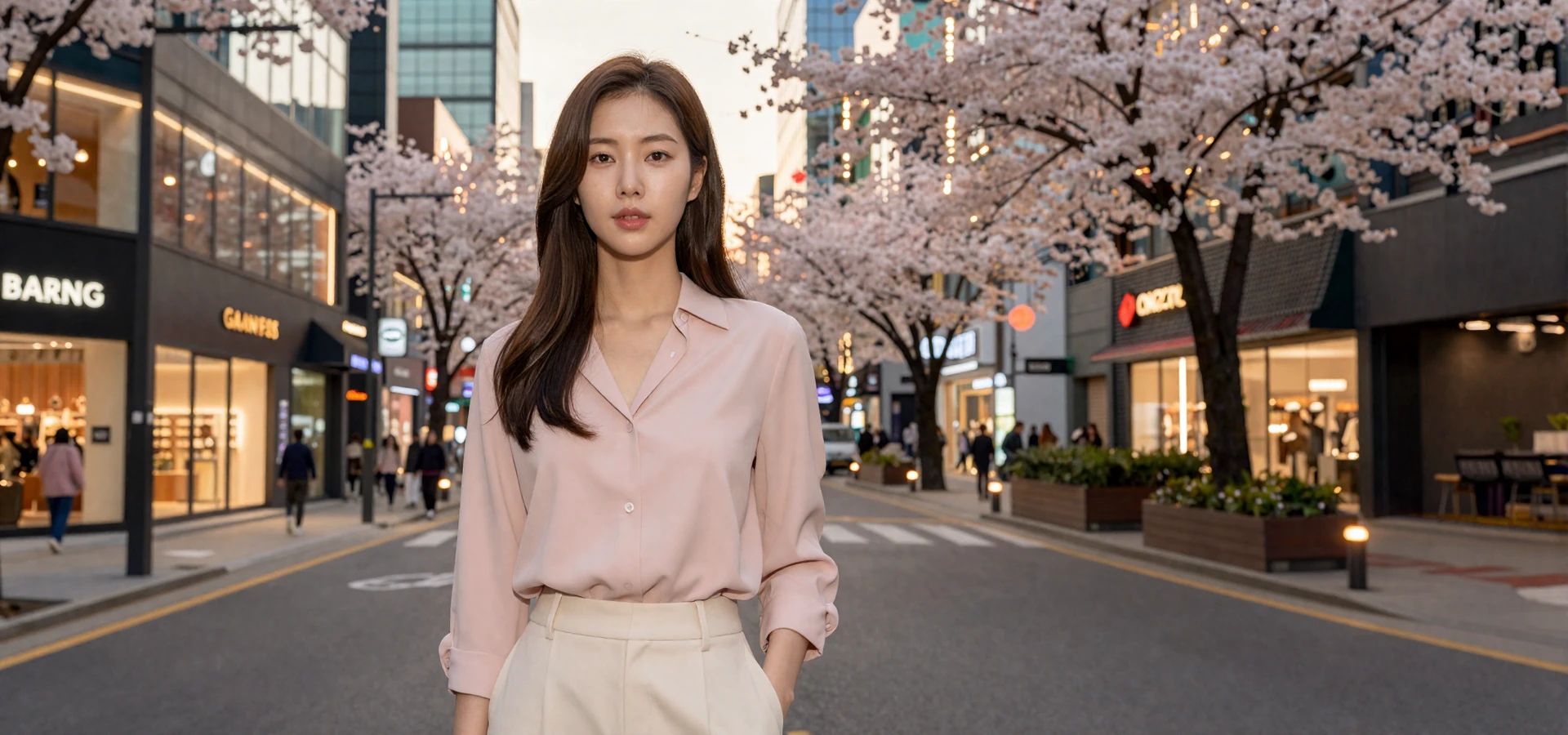 Stylish Korean woman in elegant outfit on a modern Seoul street with Gangnam city lights, representing verified Korean singles on a dating site