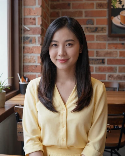 Trang, 24, Vietnamese woman from Ho Chi Minh City in a pastel blouse at a coffee shop