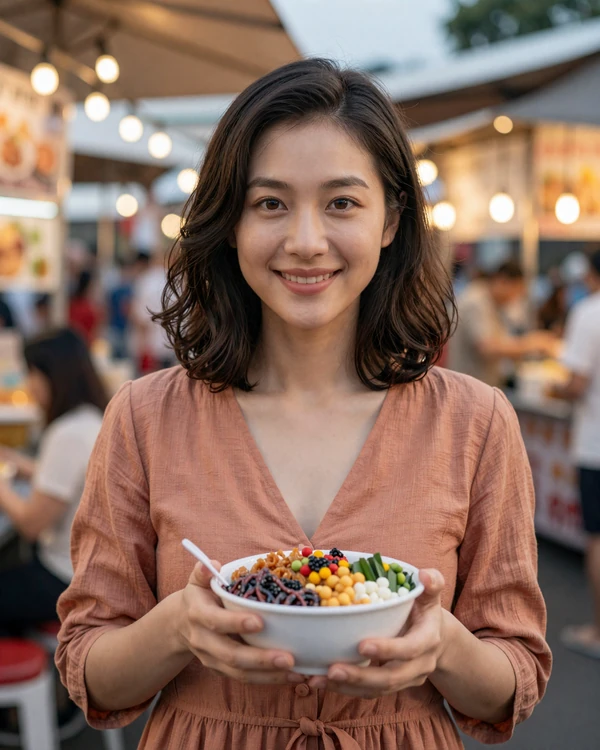 Singaporean woman enjoying hawker center food at an outdoor night market in Singapore, representing the vibrant food culture that defines Singaporean dating
