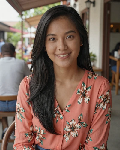 Grace, 25, Filipino woman smiling at outdoor cafe in Cebu Philippines