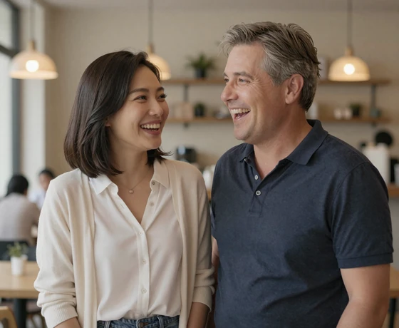 James from Oregon USA and Mei from China laughing together in a cafe after connecting through asian dating