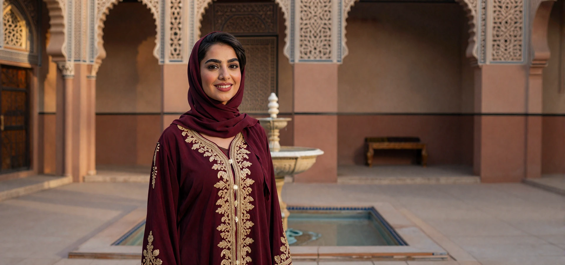 Beautiful Yemeni woman in elegant burgundy embroidered dress and hijab standing in a traditional Yemeni courtyard, representing verified Yemeni singles for dating