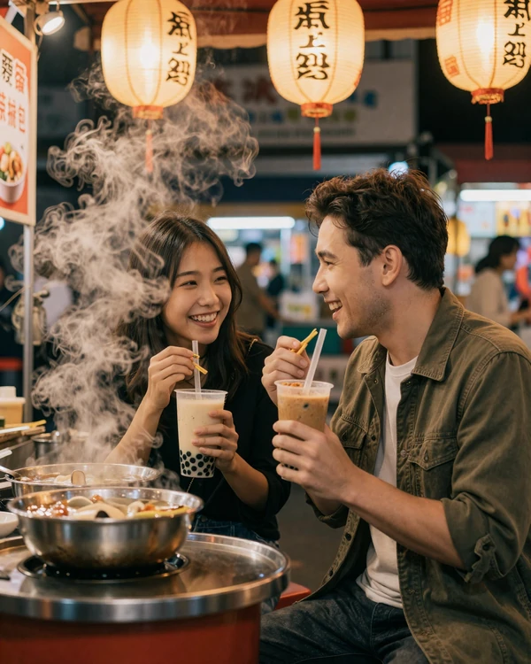 Interracial couple sharing street food and bubble tea at a Taiwanese night market, illustrating daily life with a Taiwanese partner