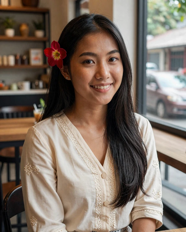 Young Burmese woman with thanaka paste in a modern cafe in Yangon, representing educated Burmese singles open to international dating