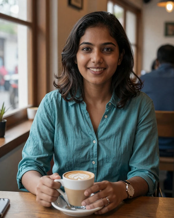 Young Nepali woman in casual outfit smiling warmly in a Kathmandu cafe, representing educated Nepali singles open to international dating