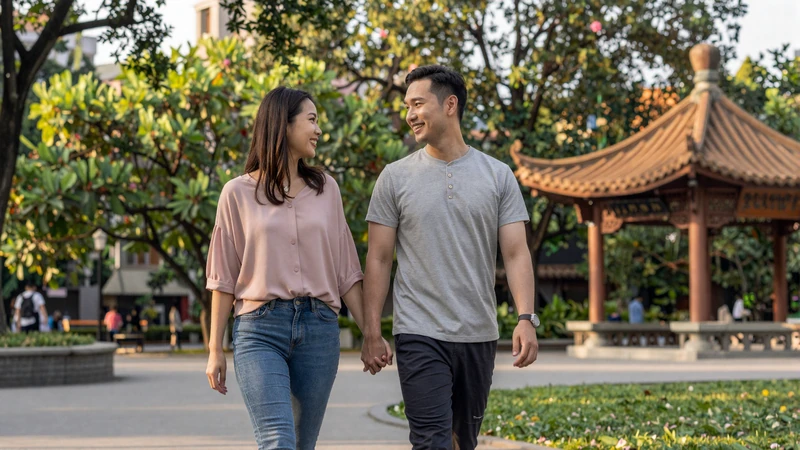 Happy interracial couple walking through a Taipei park, showcasing a successful Western man and Taiwanese woman cross-cultural relationship
