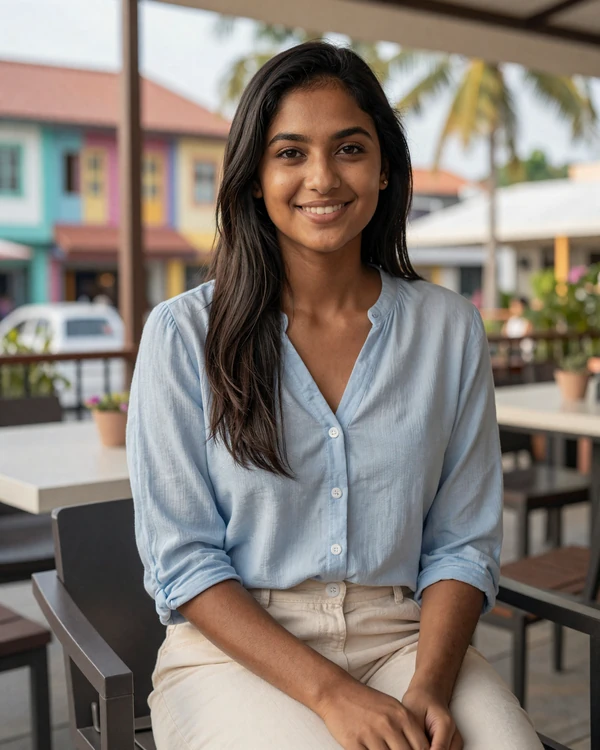 Young Maldivian woman in casual blue blouse smiling warmly at an outdoor cafe in Malé, representing educated Maldivian singles open to international dating