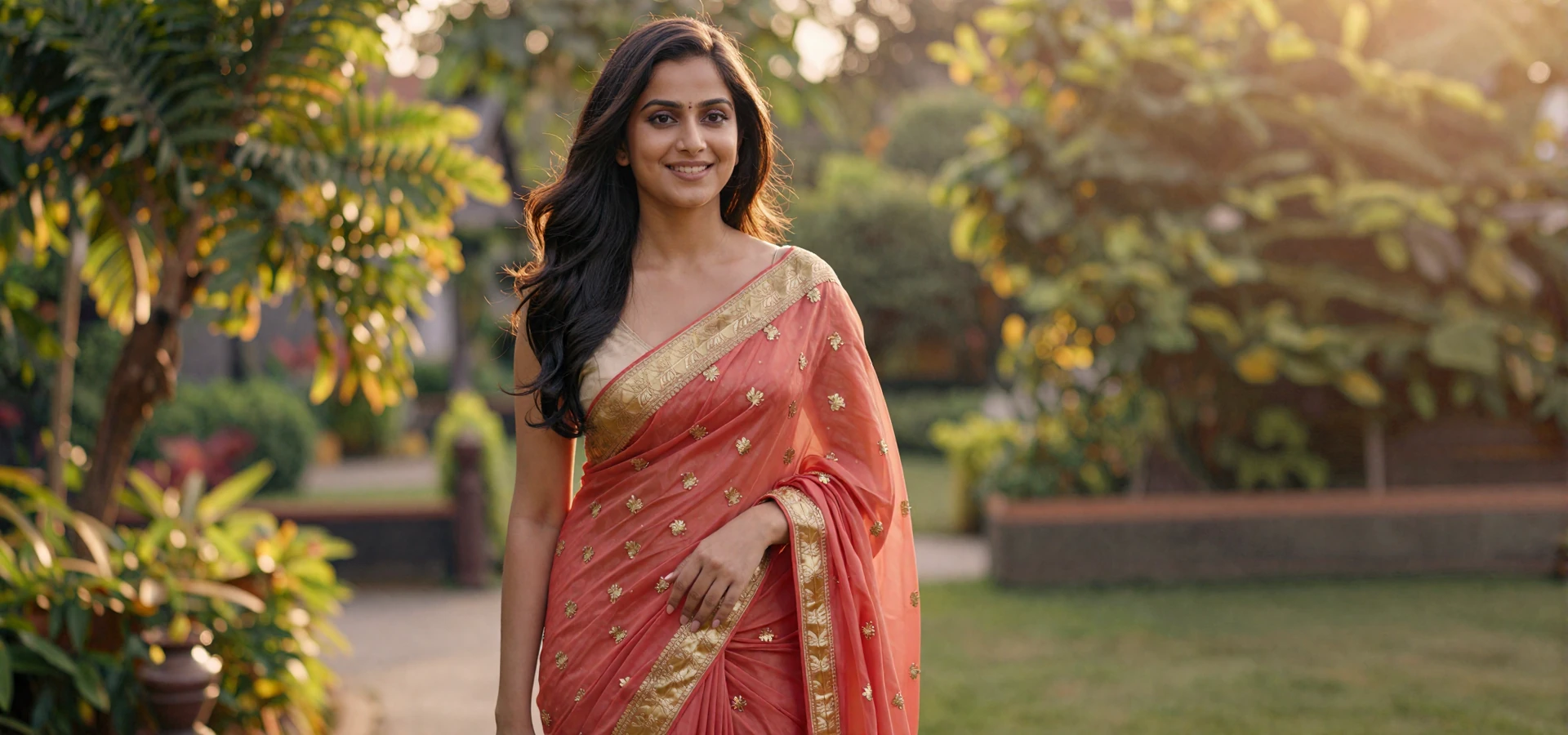 Beautiful Bangladeshi woman in elegant coral-red saree in a lush garden setting, representing verified Bangladeshi singles on a dating site