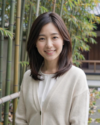 Emi, 26, Japanese woman in cream cardigan near Kyoto bamboo garden