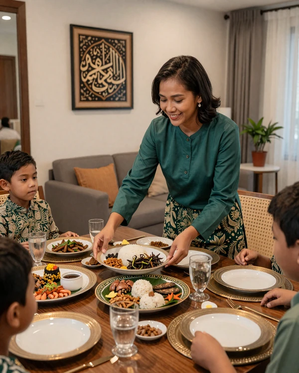 Bruneian woman preparing traditional ambuyat feast in an elegant family dining room, representing Bruneian hospitality and home life