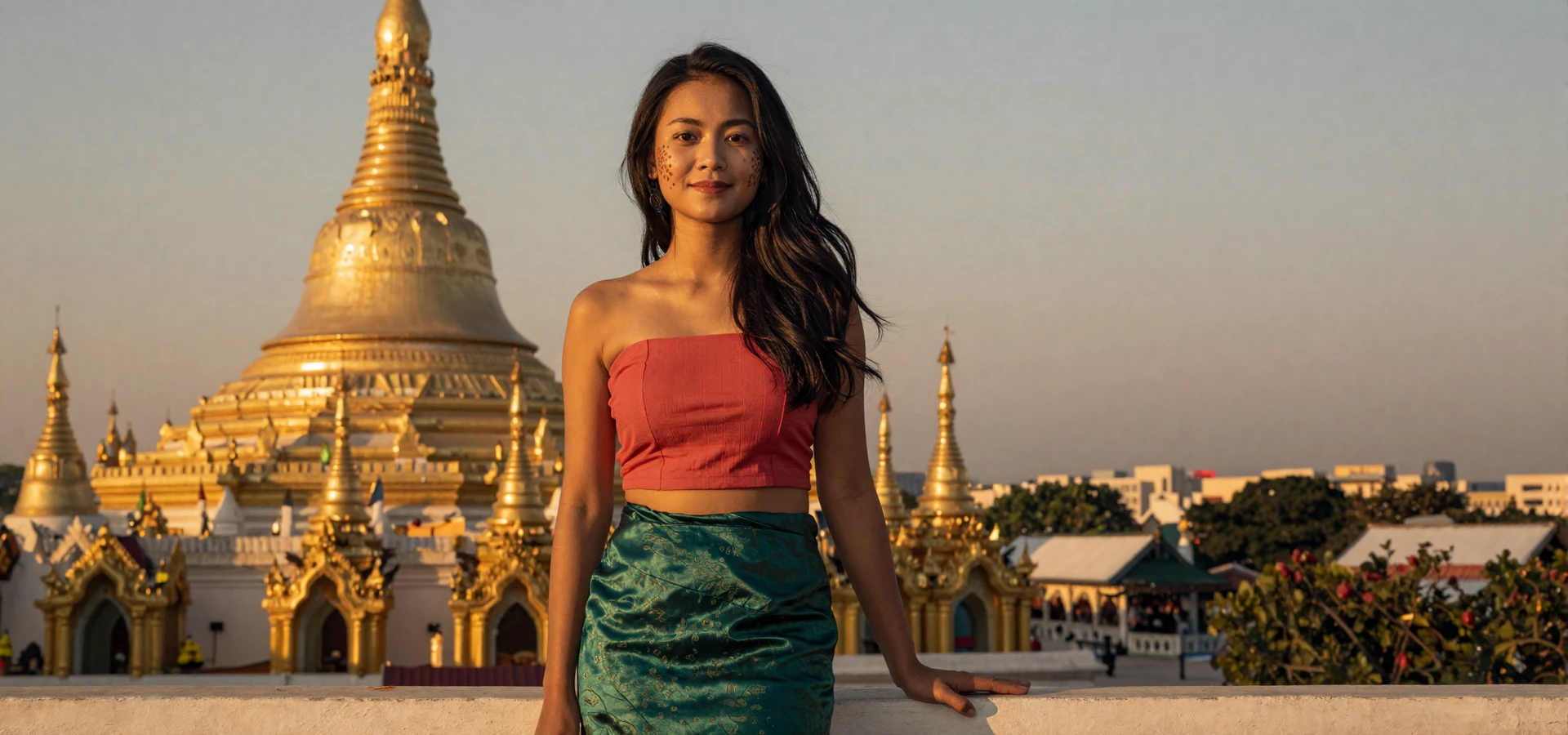 Beautiful Burmese woman in coral blouse and traditional longyi near golden Shwedagon Pagoda at sunset, representing verified Burmese singles on Foreign Girl Date