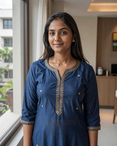 Sita, 28, Bangladeshi woman in blue salwar kameez in modern Dhaka apartment