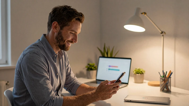Western man browsing free Asian dating profiles on smartphone at home office desk