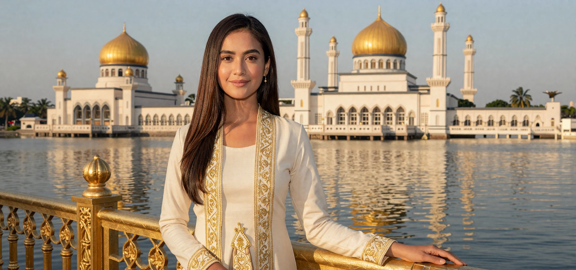Elegant Bruneian woman in gold-accented baju kurung near the Omar Ali Saifuddien Mosque in Bandar Seri Begawan, representing verified Bruneian singles on a dating platform