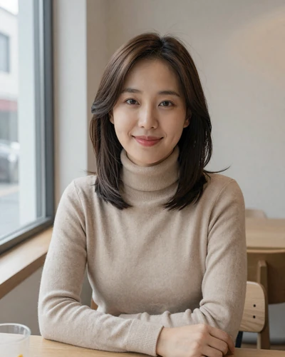 Mina, 27, verified Korean woman from Seoul in a beige turtleneck
