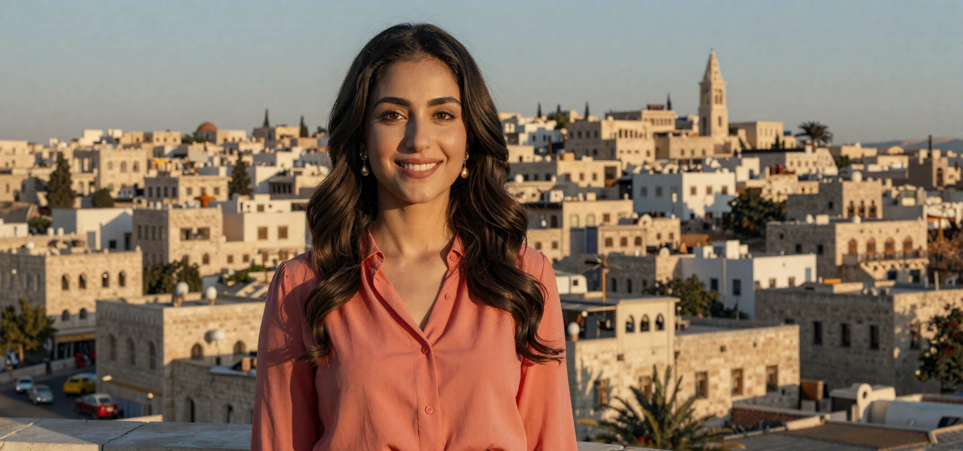 Beautiful Jordanian woman on a terrace overlooking Amman cityscape at golden hour, representing verified Jordanian singles on a dating platform