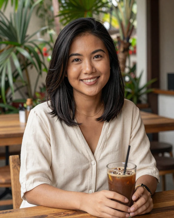 Young Laotian woman smiling warmly at a cafe in Vientiane, representing educated Lao singles open to international dating